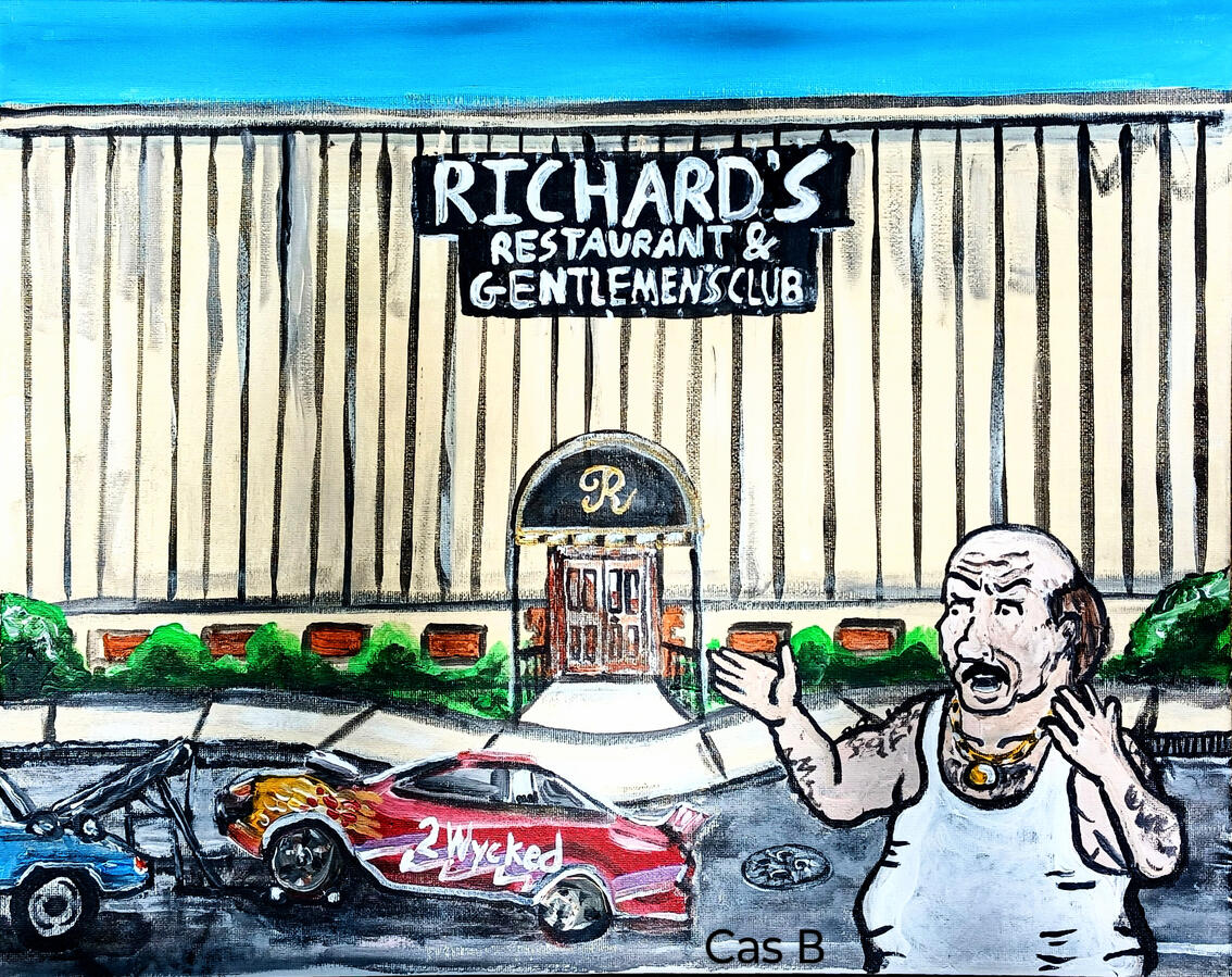 Carl gets towed at Richards, 20"x16" acrylics on canvas