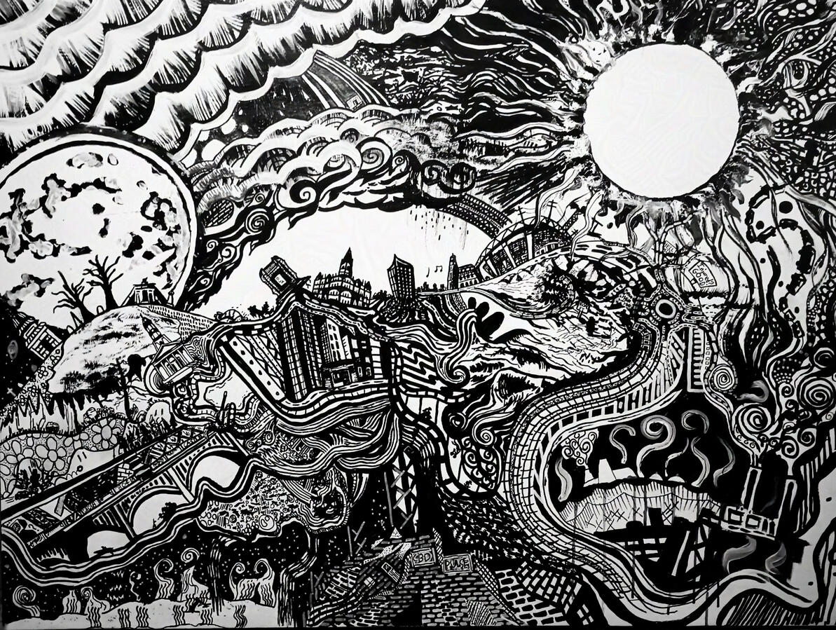 RVAGrays, 4x3 foot acrylics and ink on wood