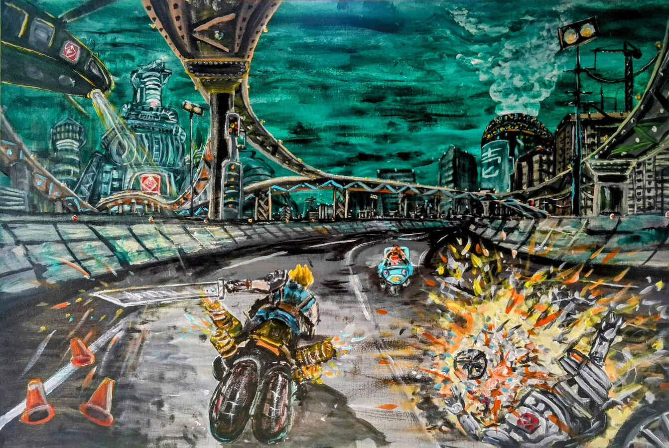 Midgar Expressway, 3 by 2 feet, acrylics on canvas
